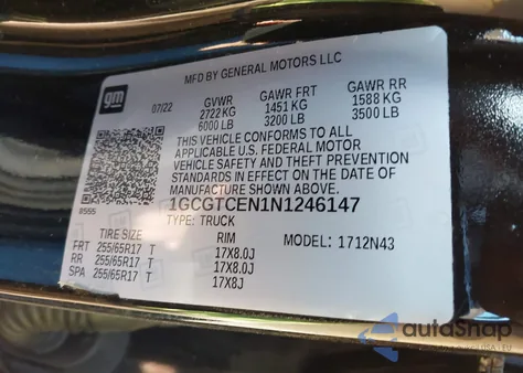 2022 Chevrolet Colorado 4Wd Short Box Lt z USA, uszkodzony, nr VIN 1GCGTCEN1N1246147